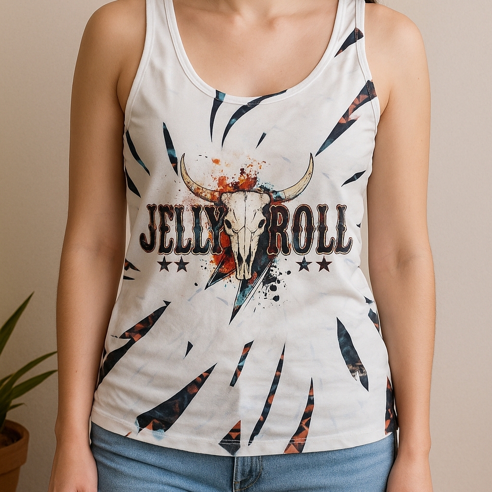 Jelly Roll Graphic Tank Top White Tribal Skull Lightning Bolt Women’s M (7–9)‎